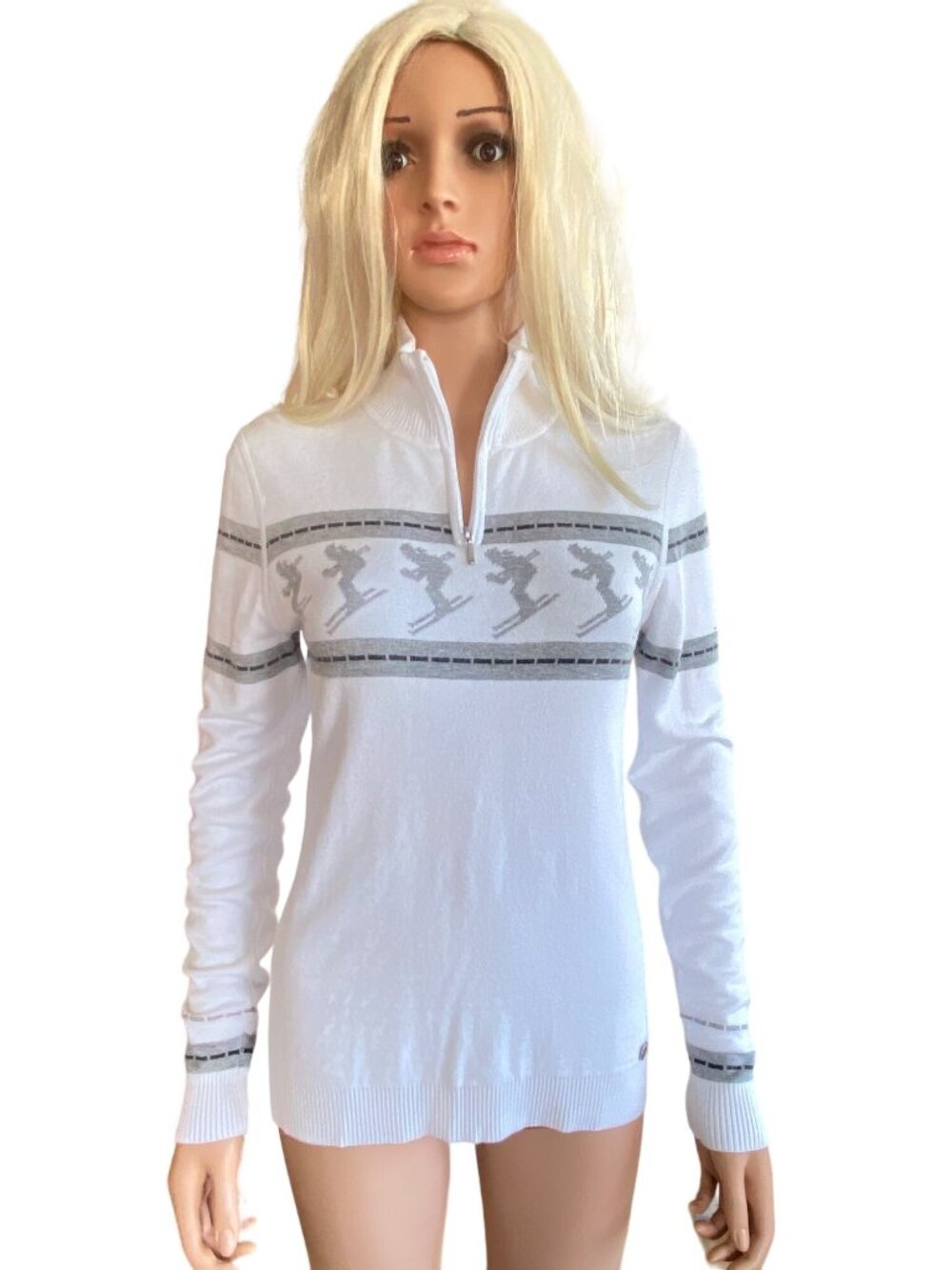 Nils Skier 2 Knit Sweater Women's Large White Gray Nordic Après Ski 1/4 Zip